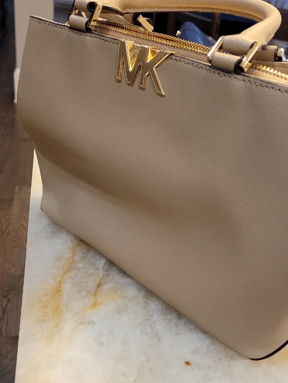 Michael Kors Taupe Saffiano Leather Satchel with Gold Hardware